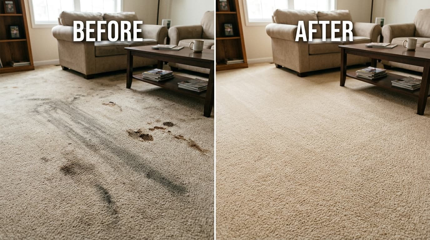 Side-by-side comparison of a heavily stained beige carpet before and after professional deep cleaning.