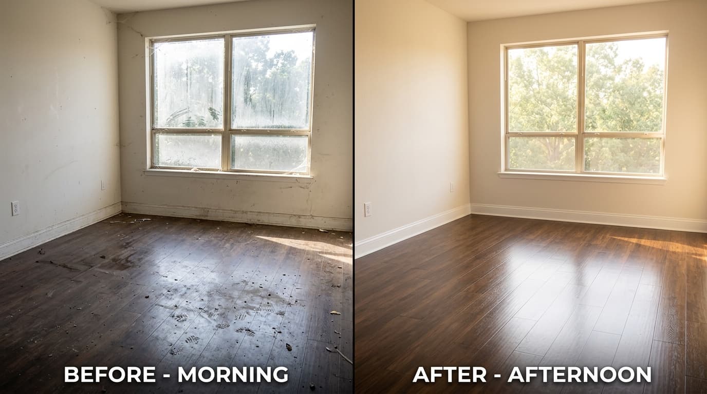 Room before and after cleaning, showing dirty floors transformed into polished dark wood.
