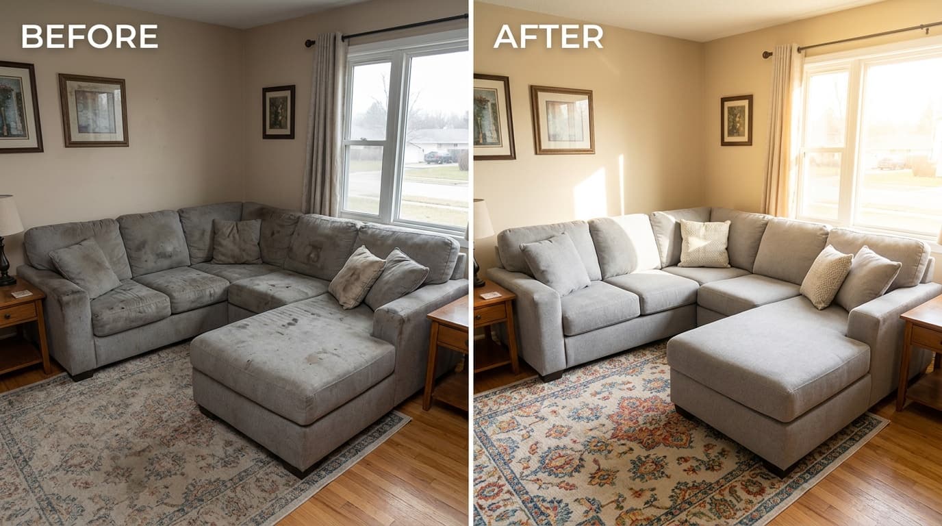 Before and after comparison of a stained gray sectional sofa and rug professionally cleaned.