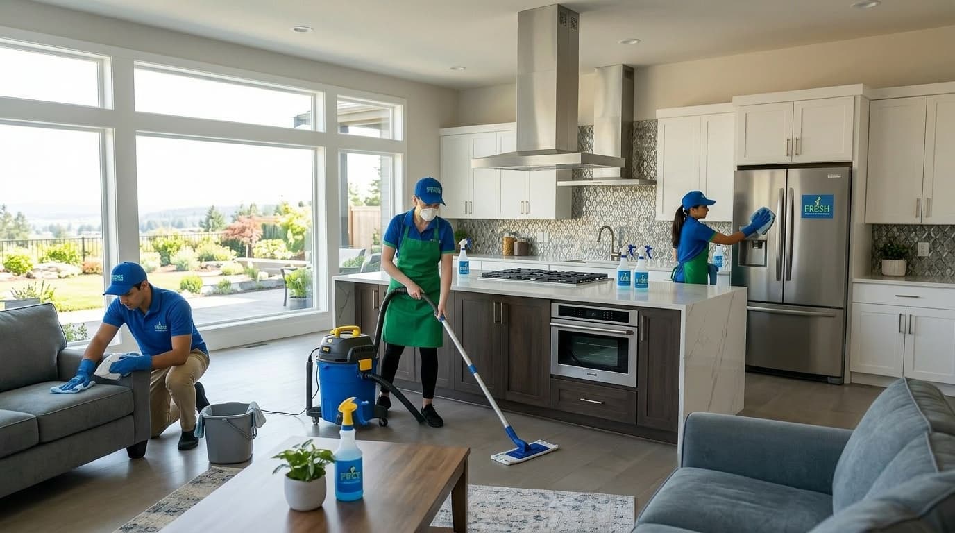 Professional cleaners in blue uniforms mopping and wiping a bright, modern kitchen and living room.