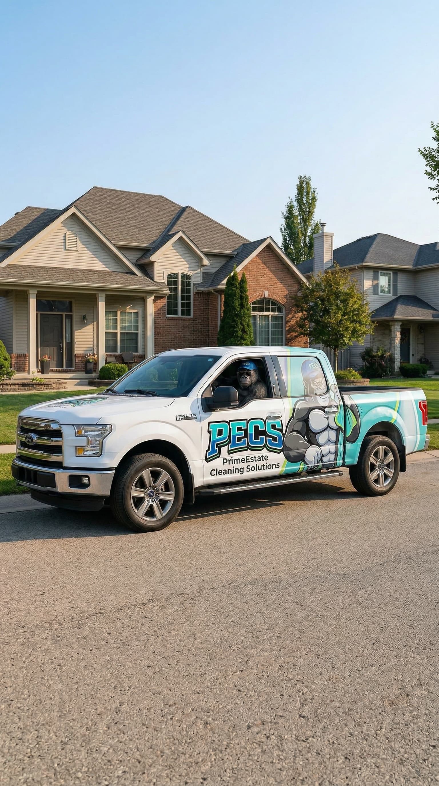 White PECS cleaning truck with a gorilla mascot wrap and driver in a suburban neighborhood.