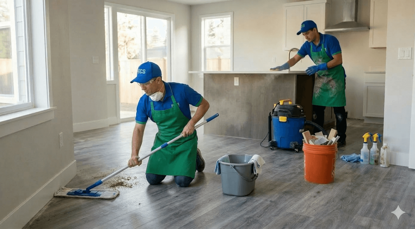 Professional cleaners in green aprons mopping floors and wiping counters in a modern kitchen.