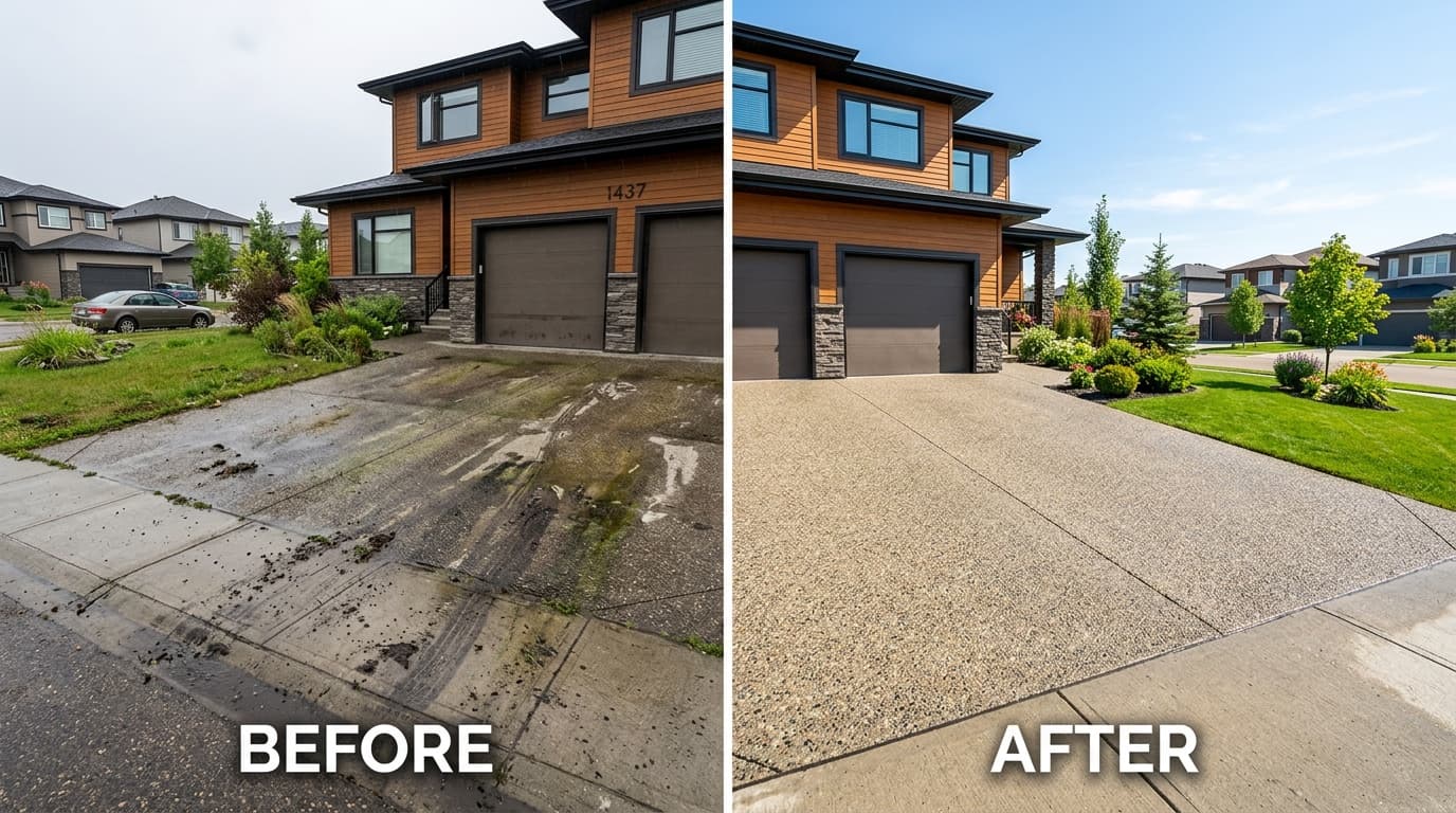 Side-by-side comparison of a dirty, stained driveway before and after professional power washing.
