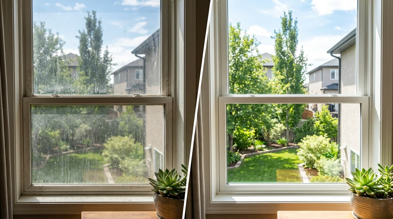 Comparison of a dirty window and a sparkling clean window overlooking a green backyard.