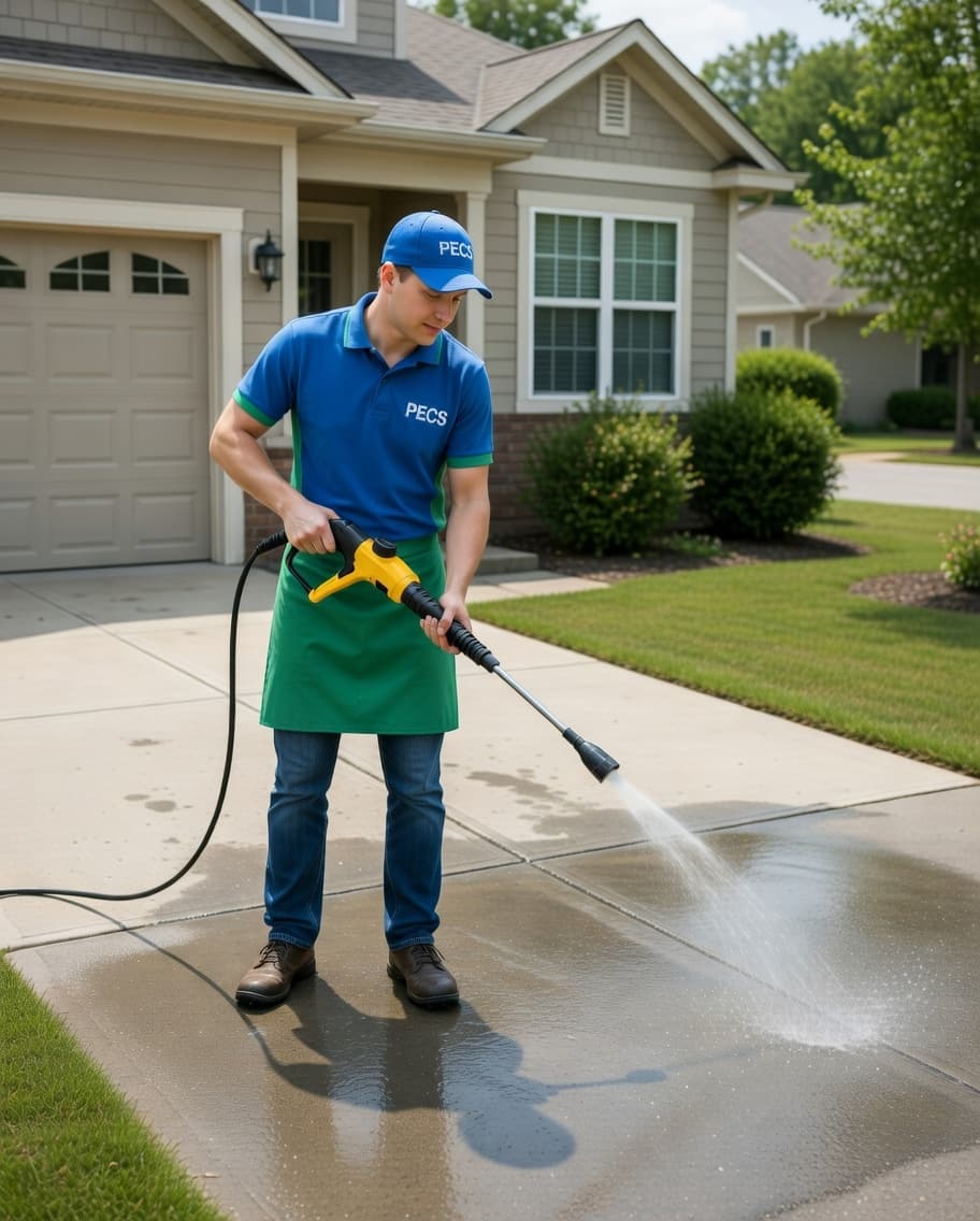 Man in blue PECS uniform and green apron pressure washing a residential concrete driveway.