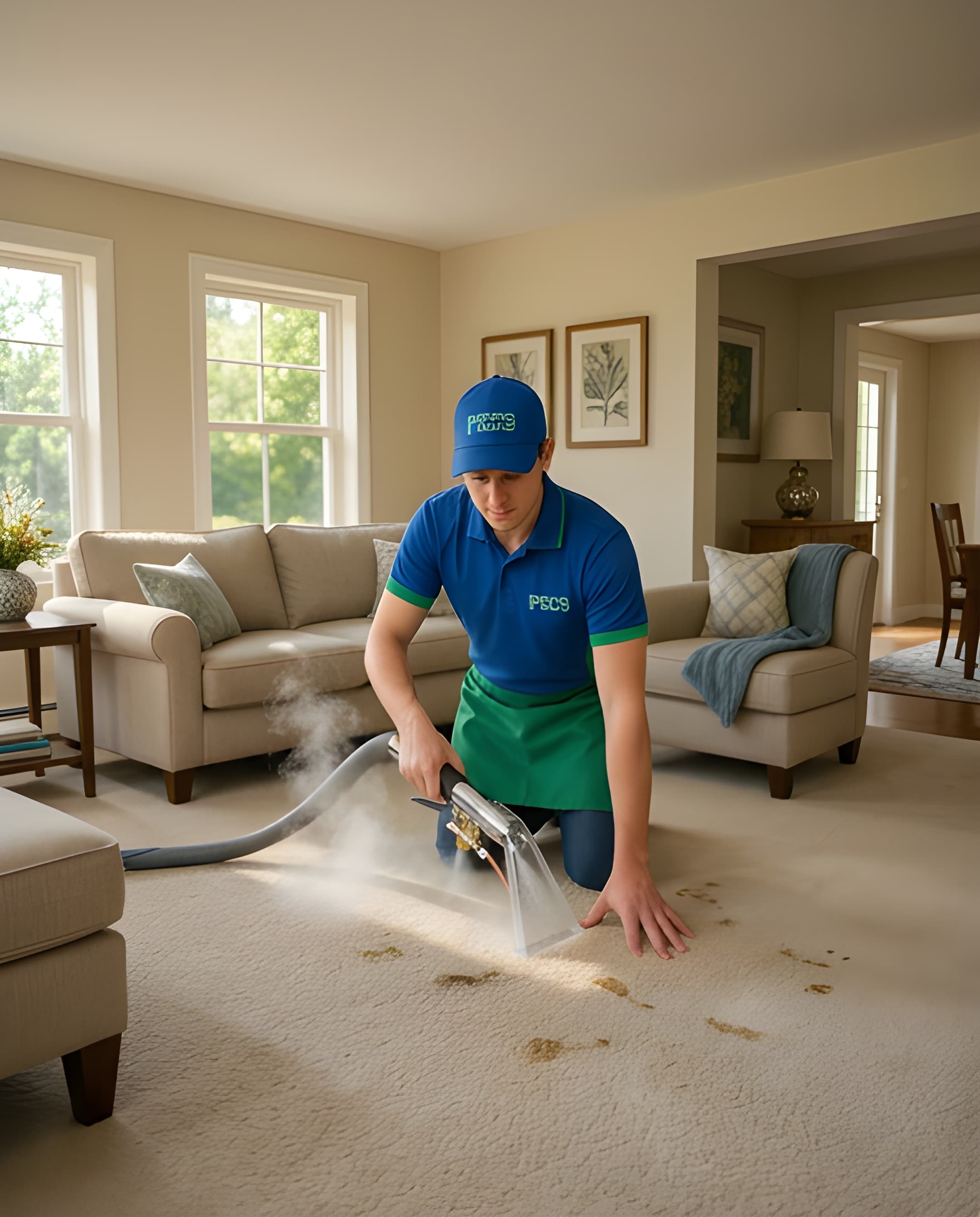 Professional cleaner in blue and green uniform steam cleaning a stained beige living room carpet.