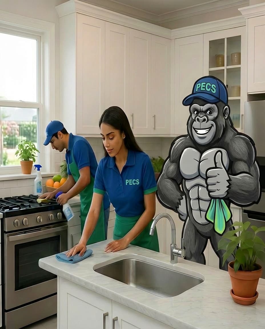 Two cleaners scrub a kitchen beside a muscular cartoon gorilla mascot giving a thumbs up.