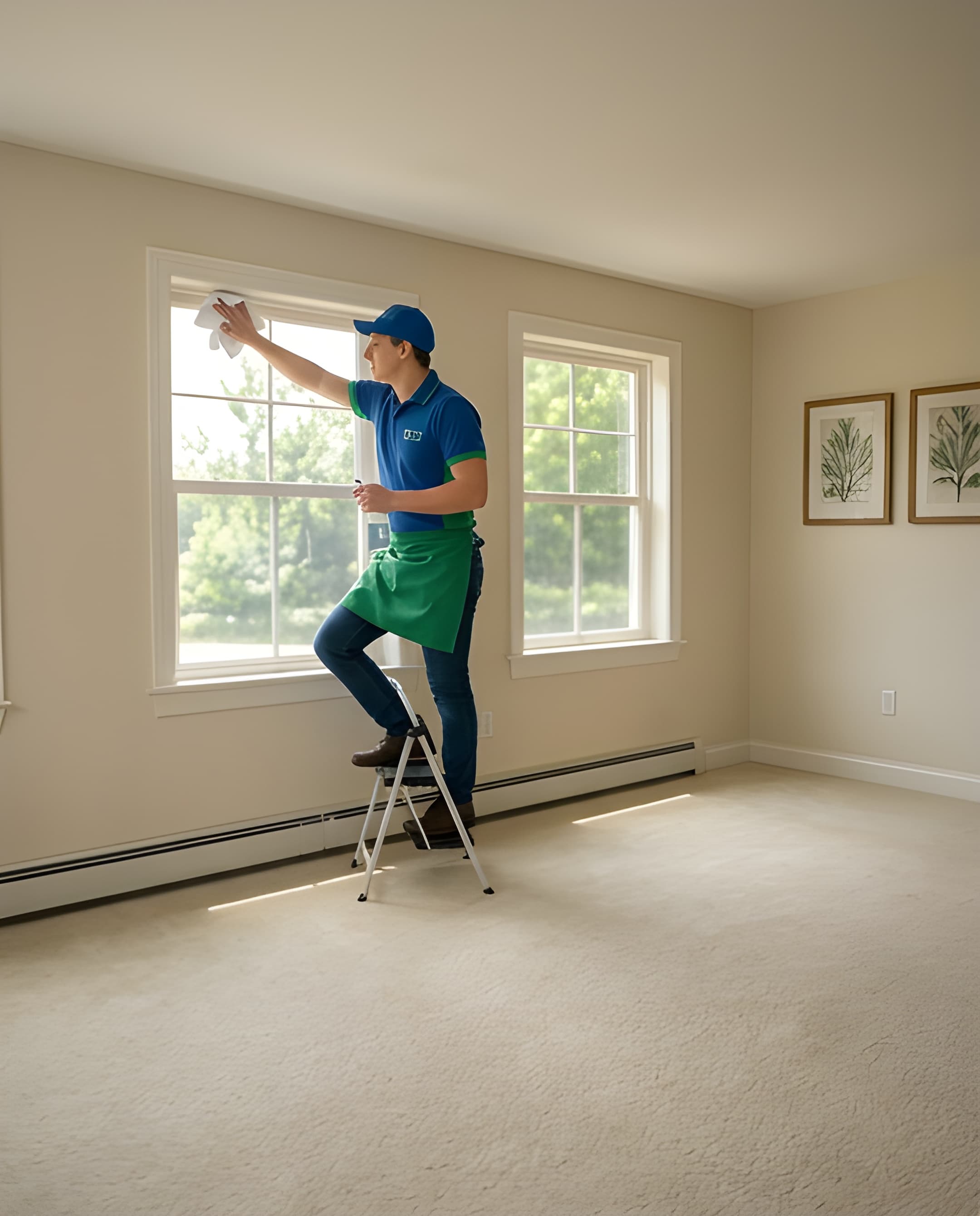 Professional cleaner in a green apron wipes a window while standing on a step ladder.